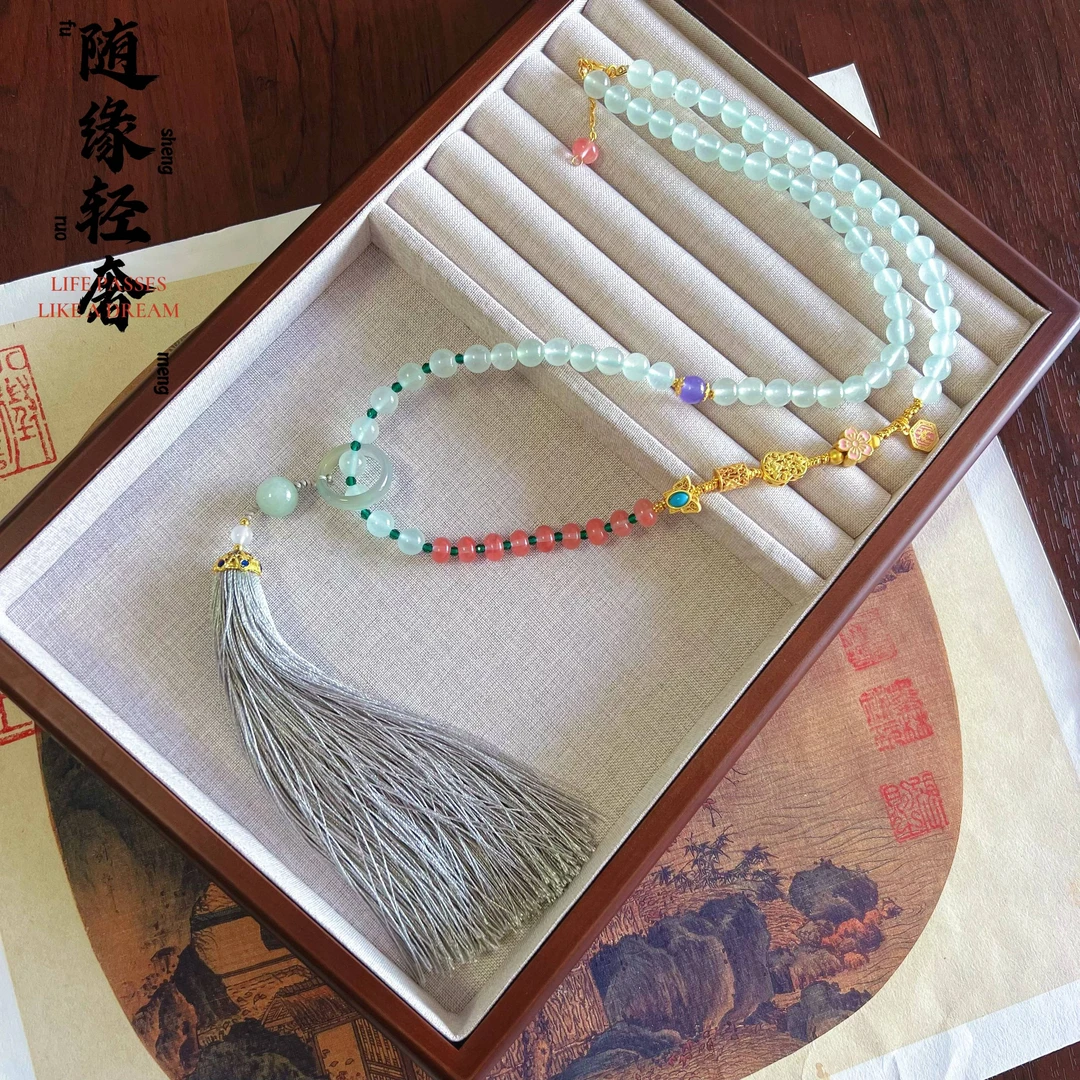 铜合金石英石项链 国风绿色长款流苏项链新中式复古马面裙饰品