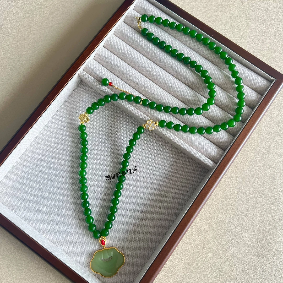 铜合金项链 绿圆珠如意吊坠长款毛衣链新中式国风复古多戴项链