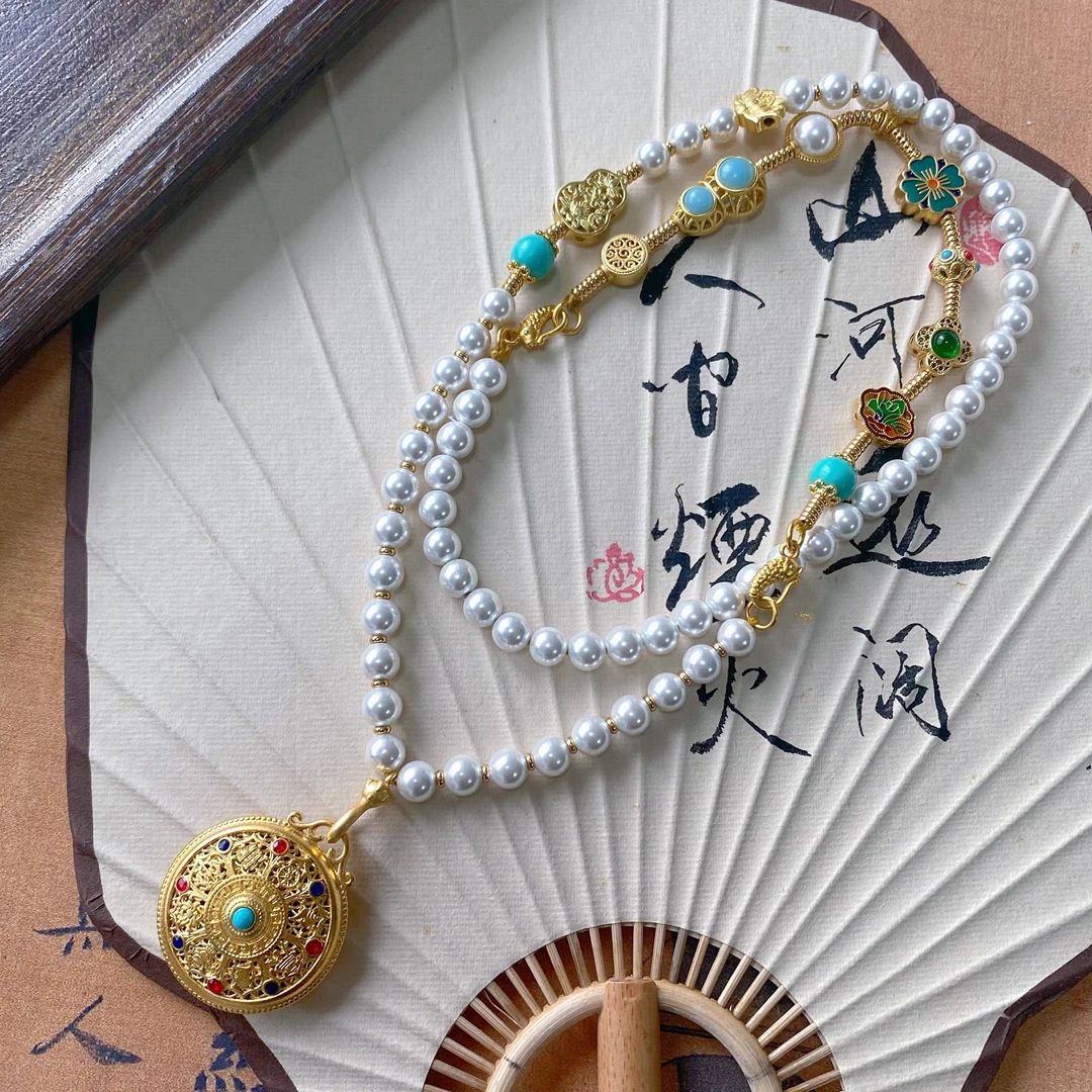 合金项链 一款多戴花丝镂空五福圆满吊坠中式项链毛衣链女烧蓝