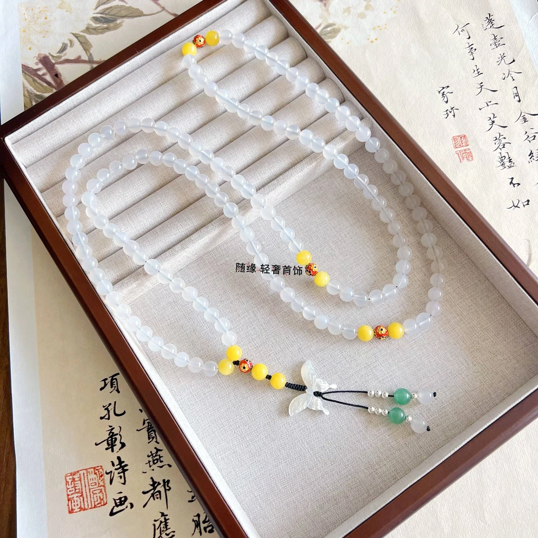 铜合金石英石项链 白贝蝴蝶斜挎链巨透超美古风背链日常旗袍百搭