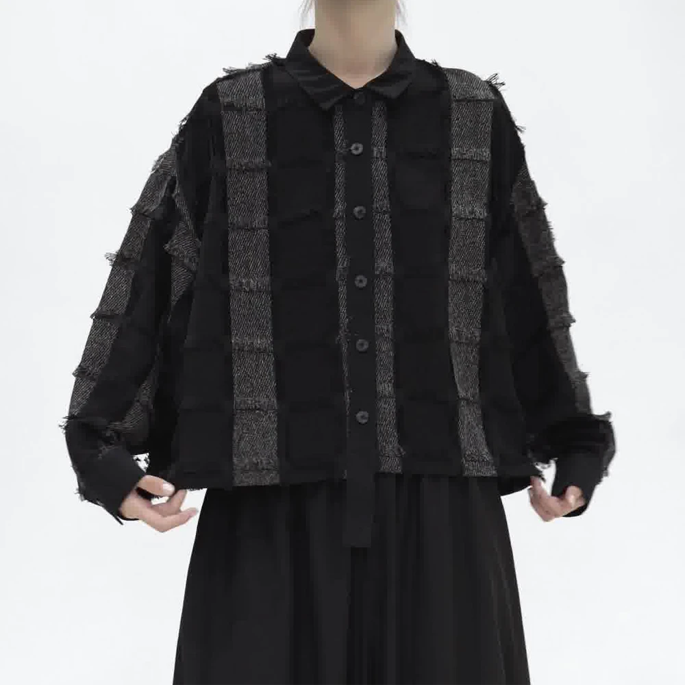 GFW/2024年秋季新款黑色长袖百搭衬衣灰格子毛边宽松休闲衬衫