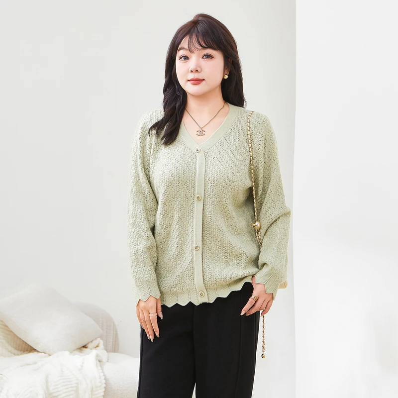 采多宝大码女装V领镂空立体肌理感毛衣 DDMY2055