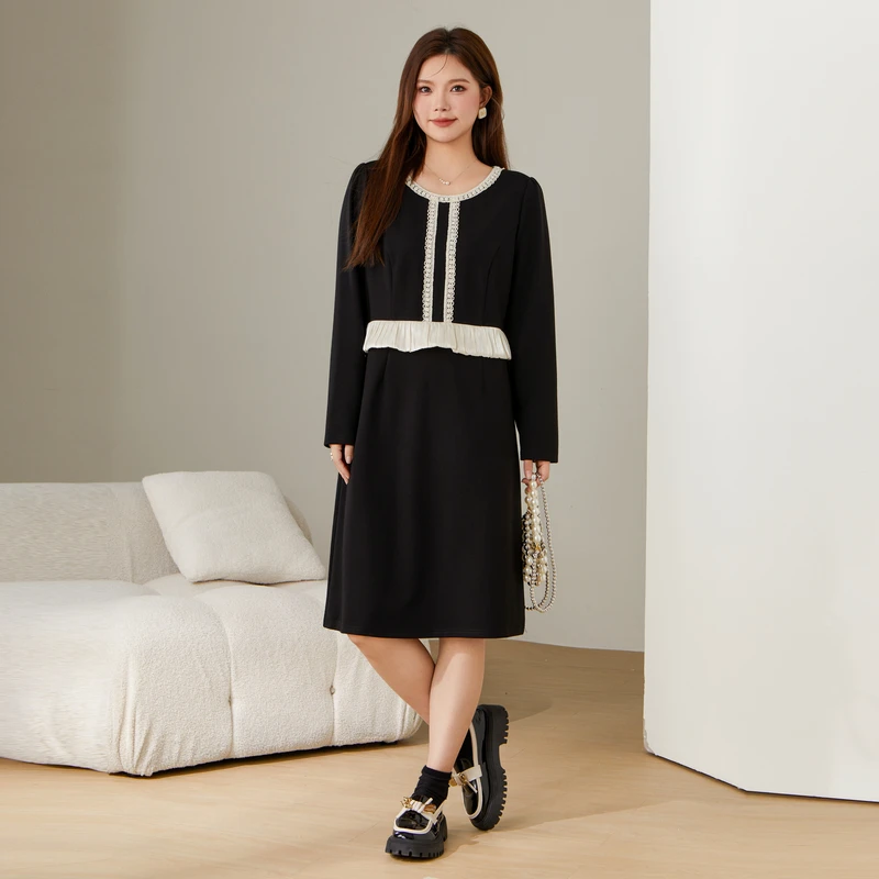 采多宝大码女装气质小香风撞色荷叶边显瘦连衣裙 DDQ2500