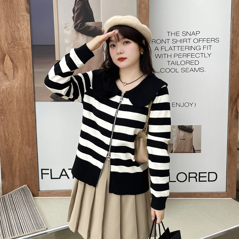 采多宝大码女装娃娃领条纹减龄毛织外套CDMY288
