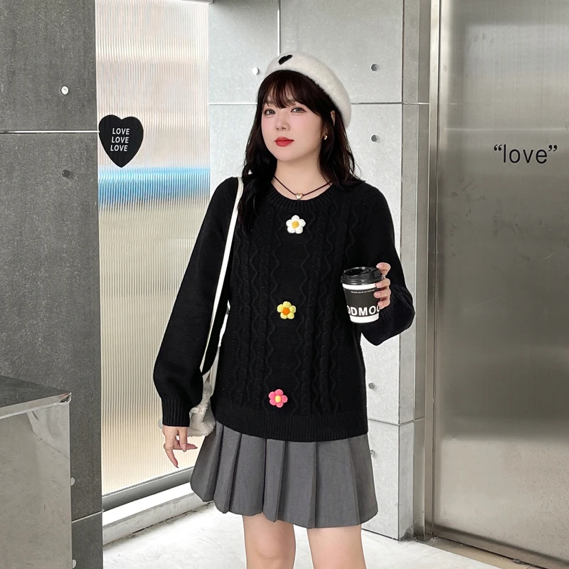 采多宝大码女装圆领田园风订花灯笼袖毛衣CDMY269