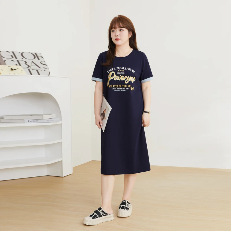 夏季清凉采多宝大码女装宽松拼色印花针织中长款连衣裙 DXQ0779