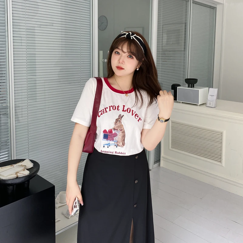 采多宝大码女装显瘦遮肚夏季宽松别致洋气兔子印花T恤 BXZ0509