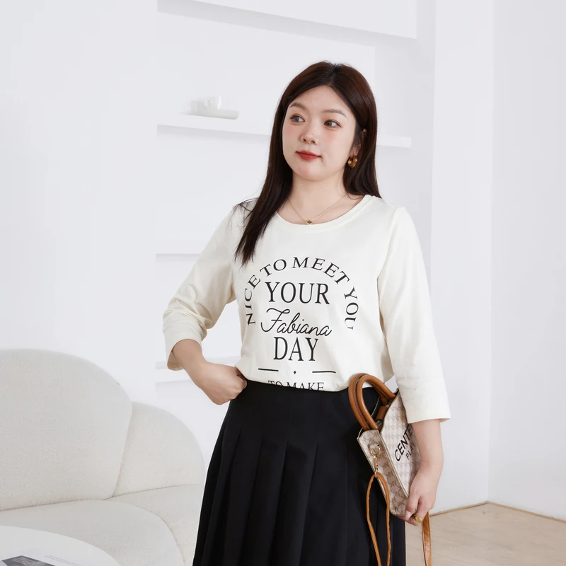 采多宝高端大码女装原创秋款新款韩系七分袖字母印花T恤 DCZ1211