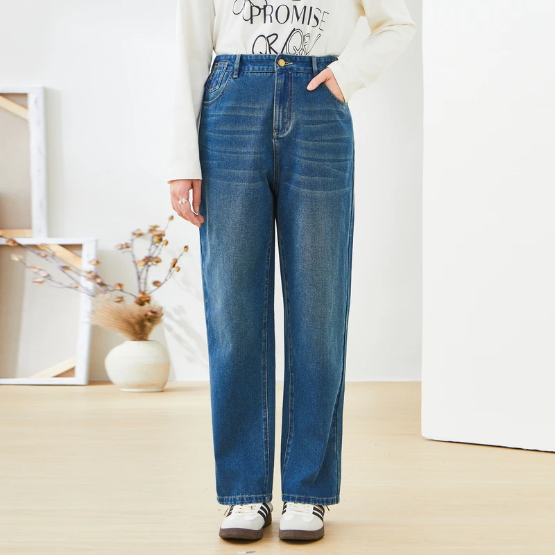 采多宝大码女装洗水直筒百搭牛仔长裤 DDK2178