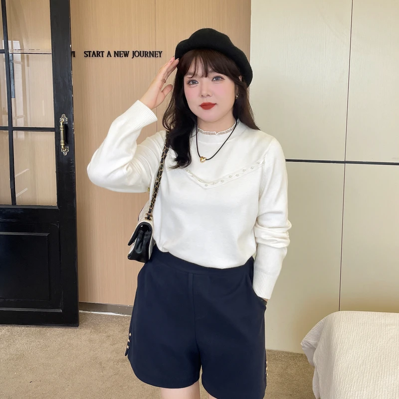 采多宝大码女装木耳边领珍珠打底毛衣 CDMY263