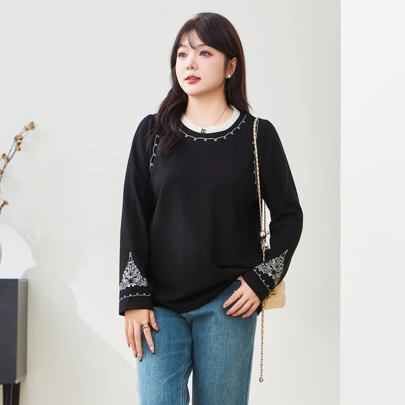 采多宝大码女装木耳边刺绣小衫卫衣 DDA2135