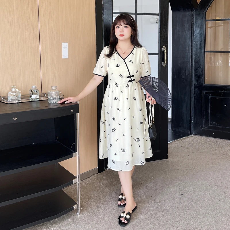 夏季采多宝新中式大码女装国风盘扣甜美碎花泡泡袖连衣裙CXQ0638