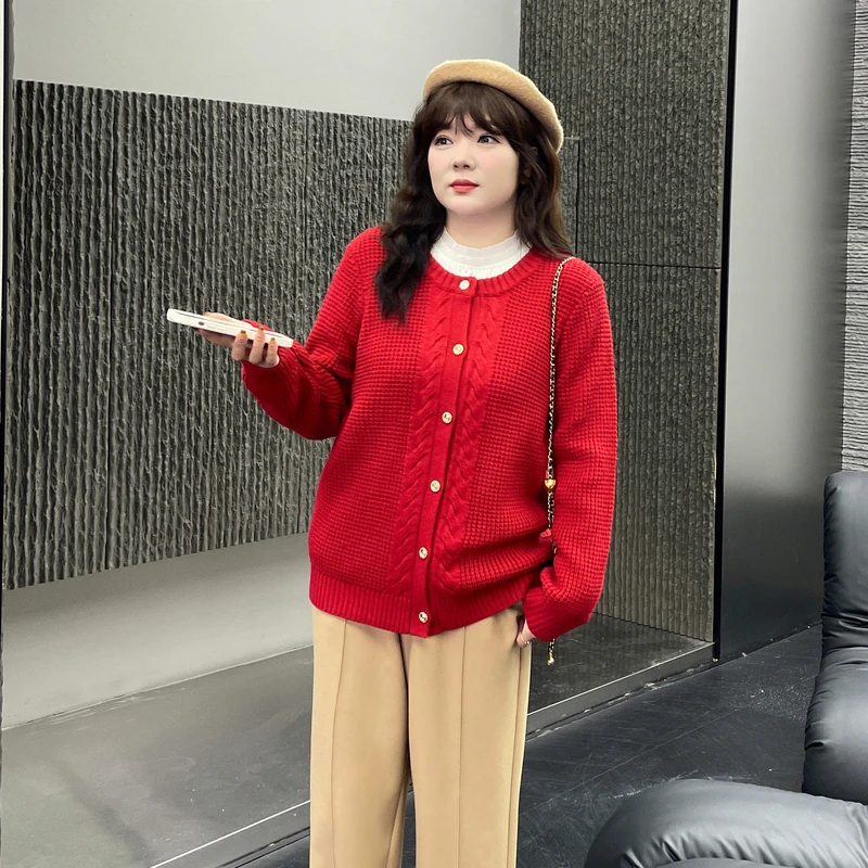 采多宝大码女装圆领华夫格毛织外套 CDMY281