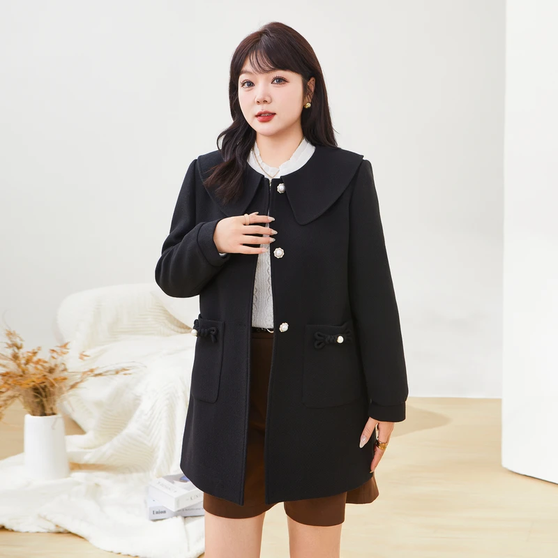 采多宝大码女装娃娃翻领中长款厚外套DDW2065