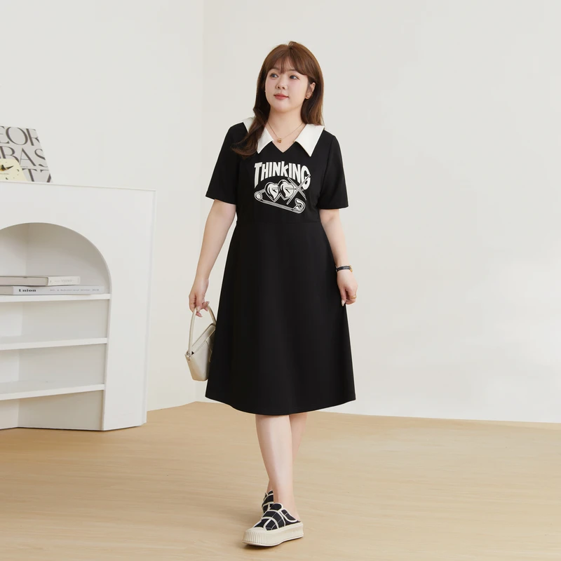 采多宝夏季时尚穿搭大码女装撞色领收腰显瘦印花连衣裙女DXQ0775