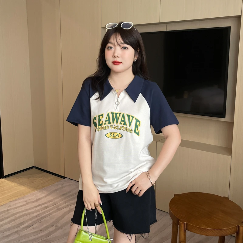 采多宝大码女装夏季百搭POLO领印花撞色显瘦遮肉T恤 CXZ0939