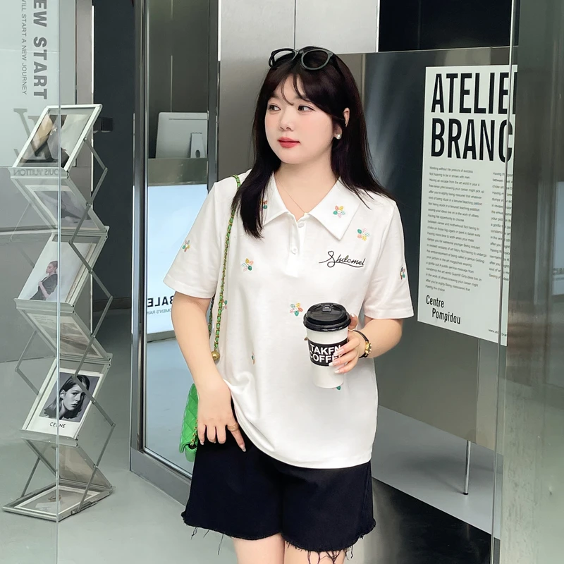 采多宝大码女装夏季新潮小众休闲POLO领刺绣针织T恤 CXZ1038