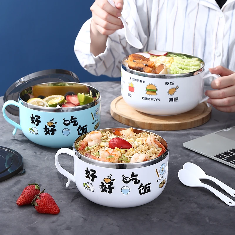 学生泡面碗带盖不锈钢单个宿舍用饭盒易清洗隔热大容量上班族碗筷