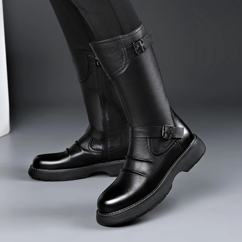 马丁靴男长筒靴子真皮骑士靴冬季加绒保暖棉靴英伦风时尚潮流皮靴