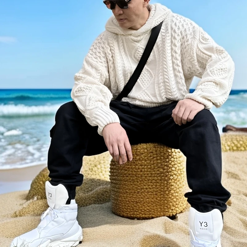 秋季麻花休闲冬季连帽加绒毛衣男重磅情侣潮流宽松高级感针织衫