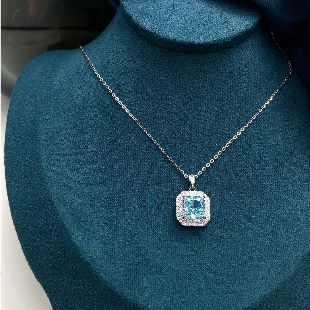 坠链均925银锆石 高碳钻【蓝色方糖】项链满钻彩色女礼物轻奢时尚