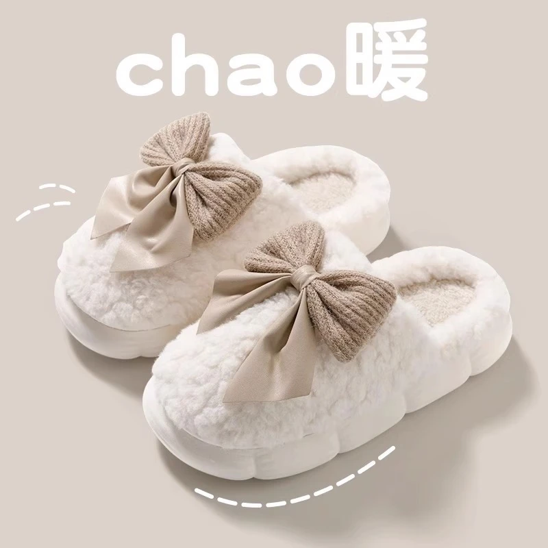 棉拖鞋女秋冬季2023新款室内家居厚底保暖居家用蝴蝶结毛毛绒拖鞋