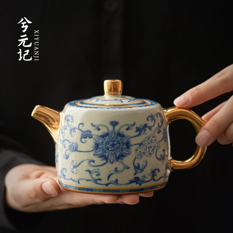 描金米黄井栏壶青花陶瓷泡茶壶2024新款家用高档珐琅彩功夫茶具