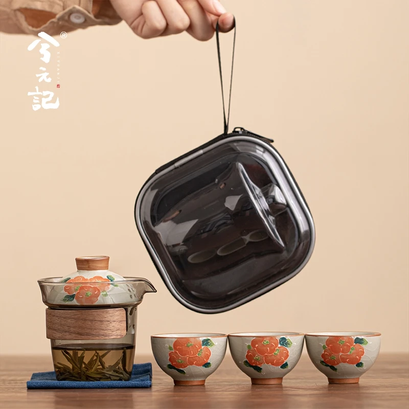 兮元记哥窑手绘陶瓷快客杯釉下彩旅行茶具户外便携式一壶三杯套装