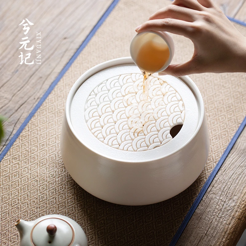 兮元记粗陶茶洗笔洗茶具配件家用茶渣缸建水大容量带盖废水桶水盂