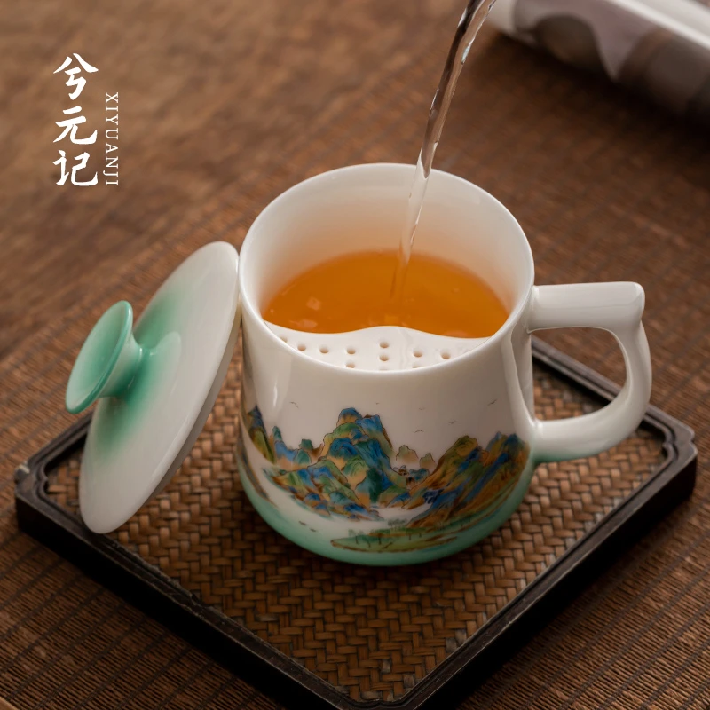 千里江山羊脂玉瓷月牙杯带盖过滤陶瓷茶杯个人专用办公杯功夫茶具