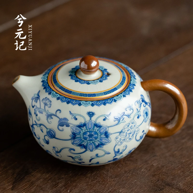 兮元记青花汝窑西施壶泡茶壶单个高档家用满花描金珐琅彩功夫茶具