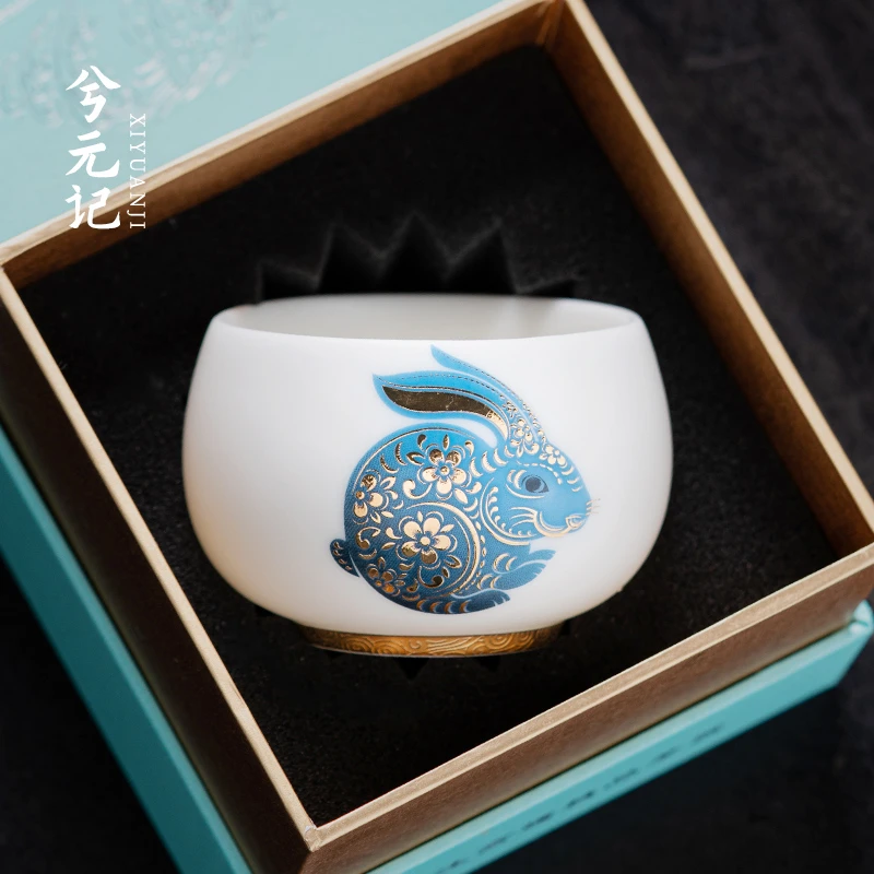 兔年中国风手绘主人杯单杯羊脂玉陶瓷茶杯个人专用高端茶具品茗杯