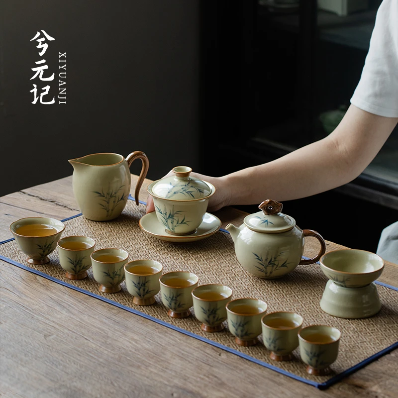 手绘豆黄汝窑功夫茶具套装轻奢高档家用茶壶茶杯盖碗2024新款全套