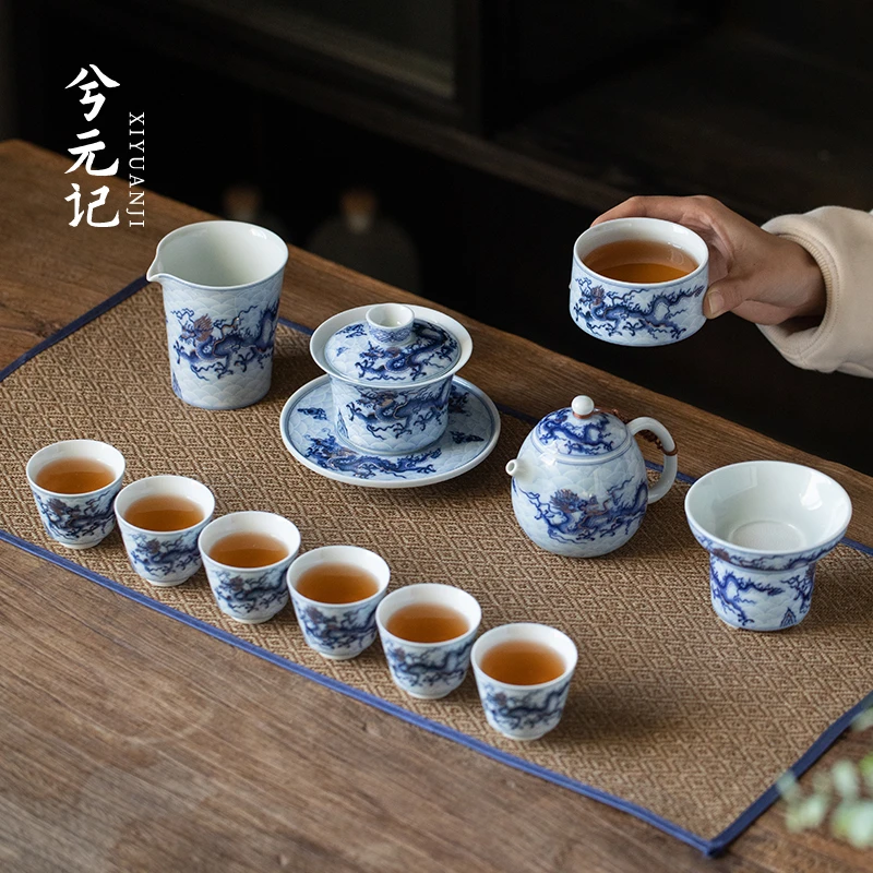 青花龙纹金银错功夫茶具套装轻奢高档茶壶盖碗礼盒泡茶杯2023新款