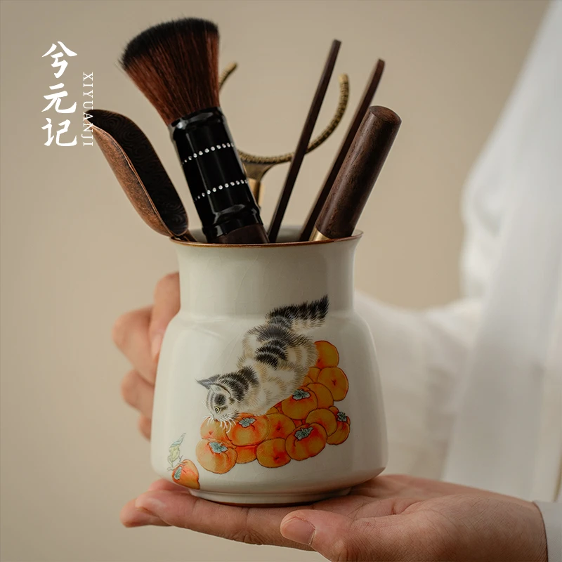 兮元记柿子猫汝窑茶筒黑檀木茶则茶夹高级茶道六君子功夫茶具配件