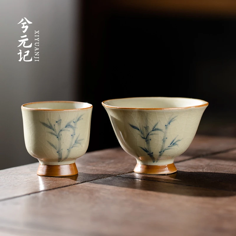 手绘豆黄汝窑茶杯品茗杯陶瓷家用小号个人专用主人杯功夫茶具茶碗