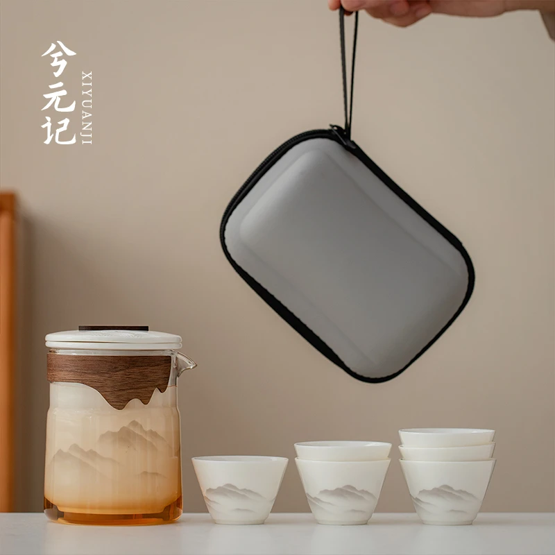 羊脂玉白瓷旅行茶具套装便携式户外功夫泡茶壶玻璃快客杯一壶六杯