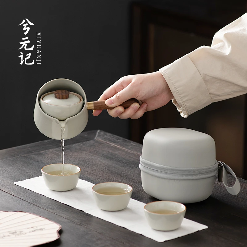 汝窑旋转懒人自动旅行茶具套装便携式快客杯户外陶瓷逍遥泡茶壶