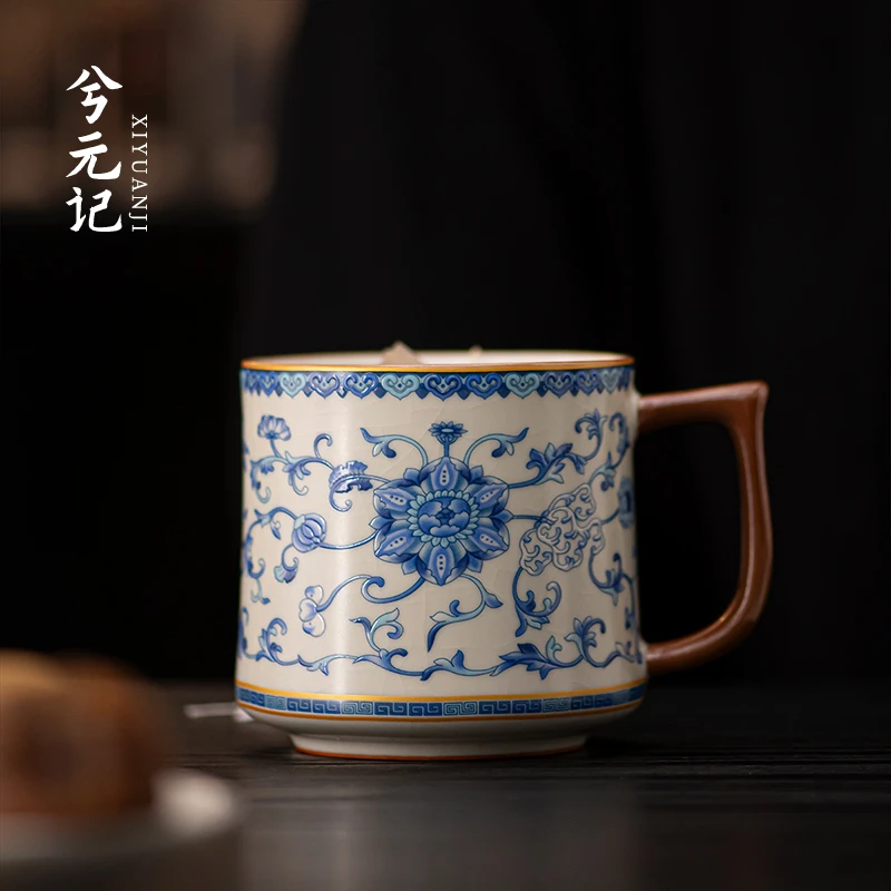 兮元记青花米黄汝窑陶瓷马克杯水杯家用高档办公室杯子泡茶杯单杯