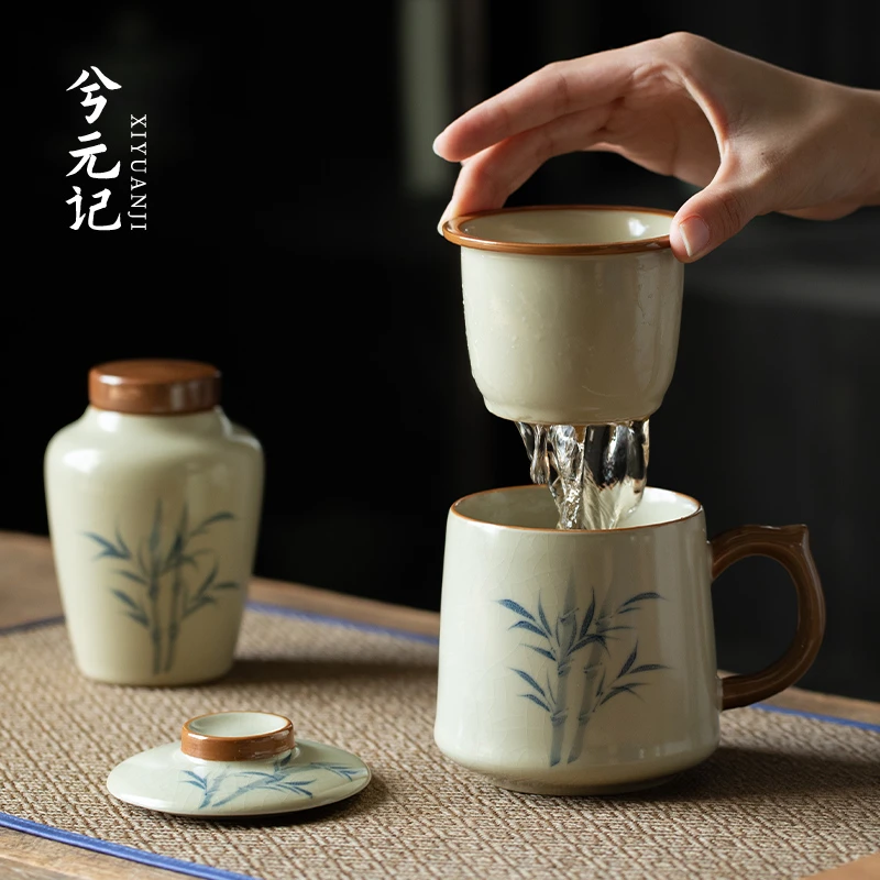 豆黄汝窑茶杯带盖陶瓷手绘办公杯个人专用茶水分离杯过滤水杯杯子