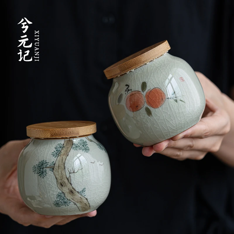 哥窑手绘竹盖陶瓷茶叶罐小号绿茶红茶普洱茶罐家用防潮密封储物罐