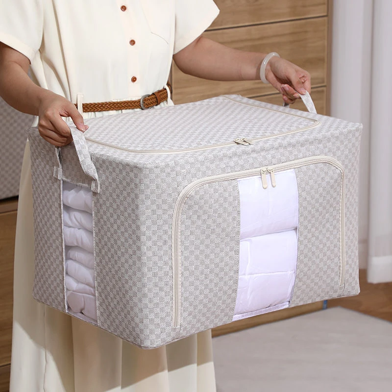 2025新款棋盘格收纳箱可折叠加粗钢架装衣服被子羽绒服布艺百纳箱