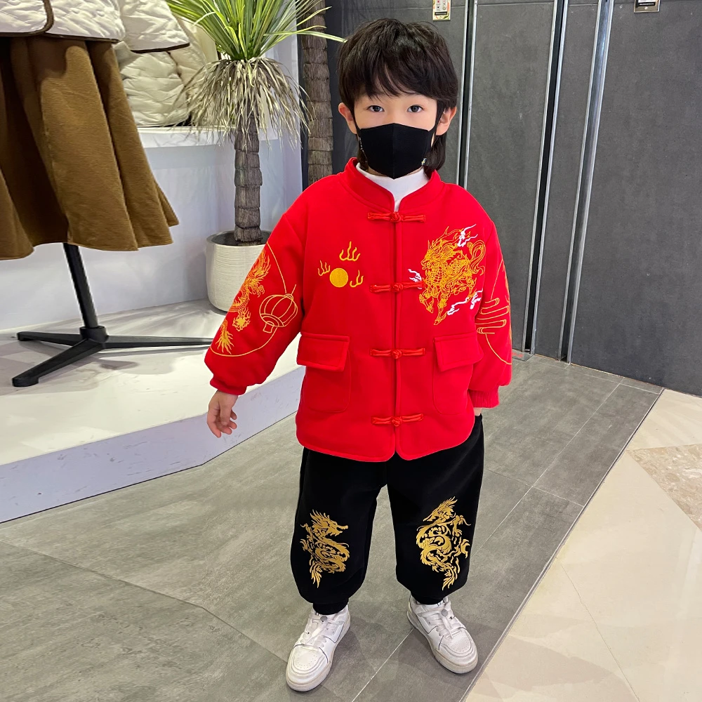 儿童冬季拜年服加绒加厚外套洋气喜庆红色中国风过年衣服