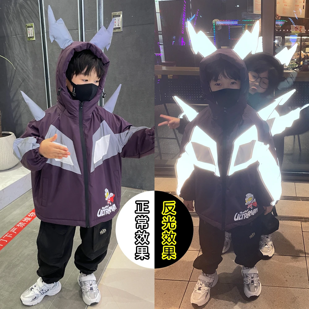 奥特曼联名反光款儿童加绒加厚派克服秋冬装男童冬季休闲连帽外套