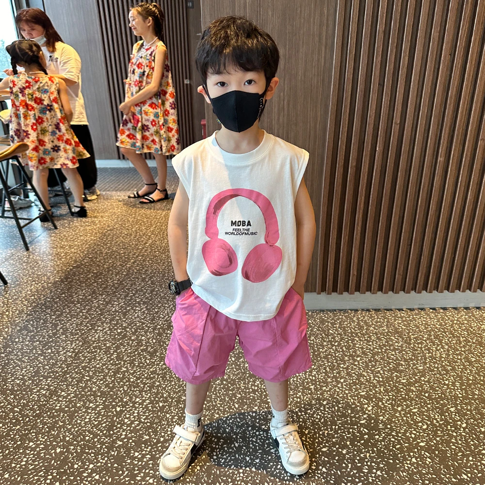 韩系儿童夏季无袖时髦套装洋气休闲2024新款帅气男童运动薄款夏装