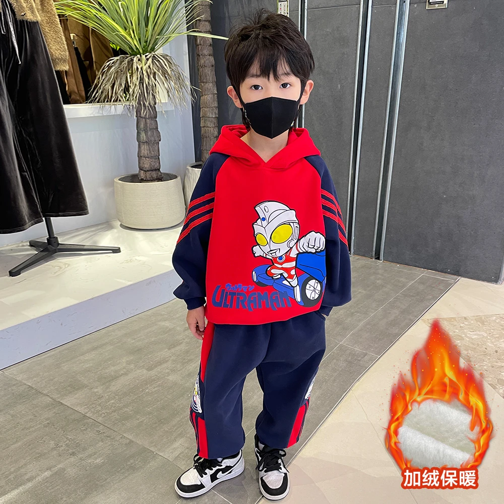 儿童冬季加绒套装酷帅休闲男童秋冬季韩版保暖奥特曼连帽衣服