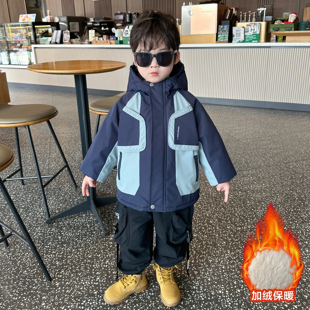 男童加厚派克服外套秋冬装2024新款男孩加绒保暖棉衣儿童冬季棉服
