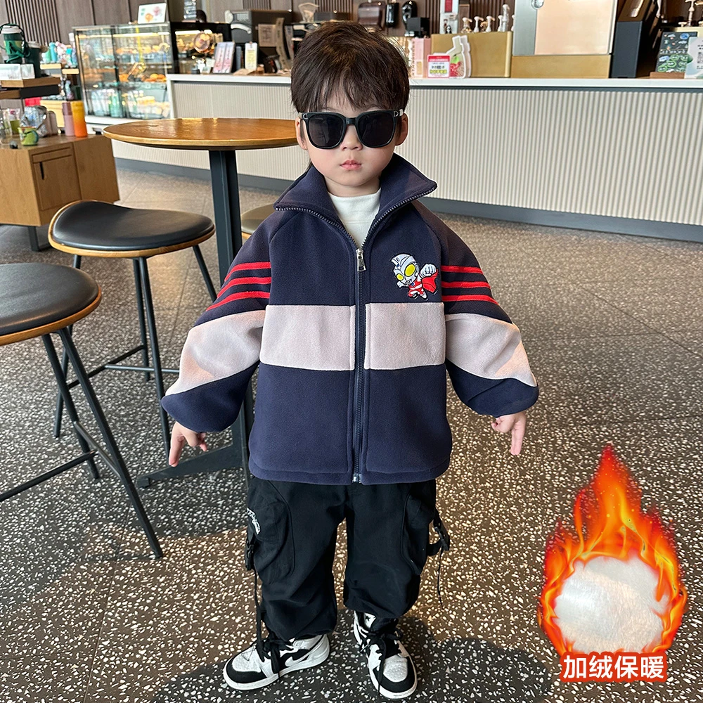 男童加绒外套秋冬2024新款奥特曼儿童男孩冬季加厚毛毛衣服