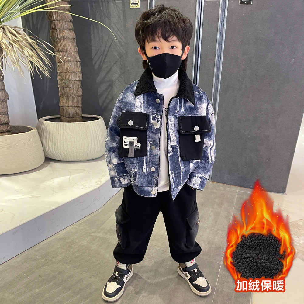 男童秋冬加绒牛仔外套洋气儿童冬季加厚保暖帅气韩版夹克