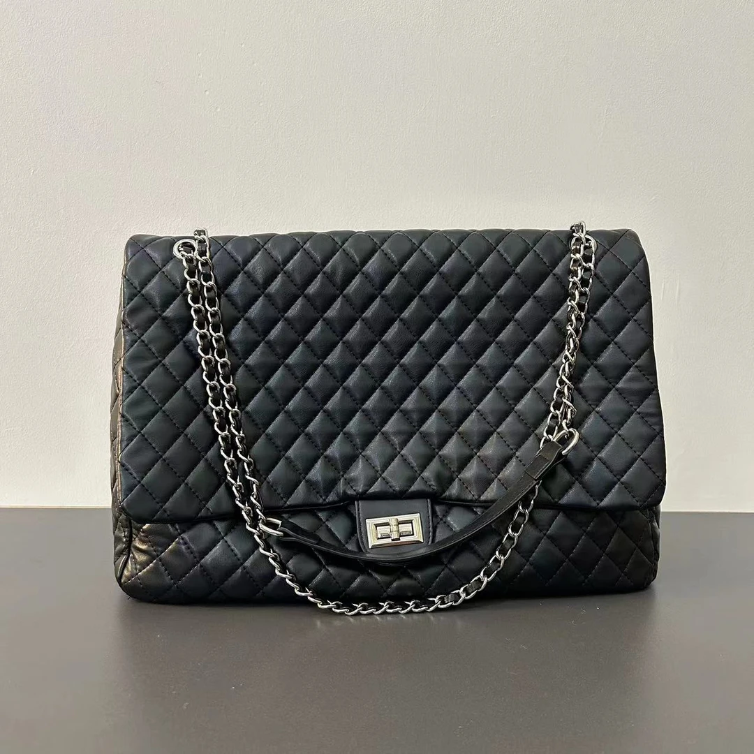 [-096]黑色机场女包包2024新款秋冬高端真皮女包网红休闲小众包